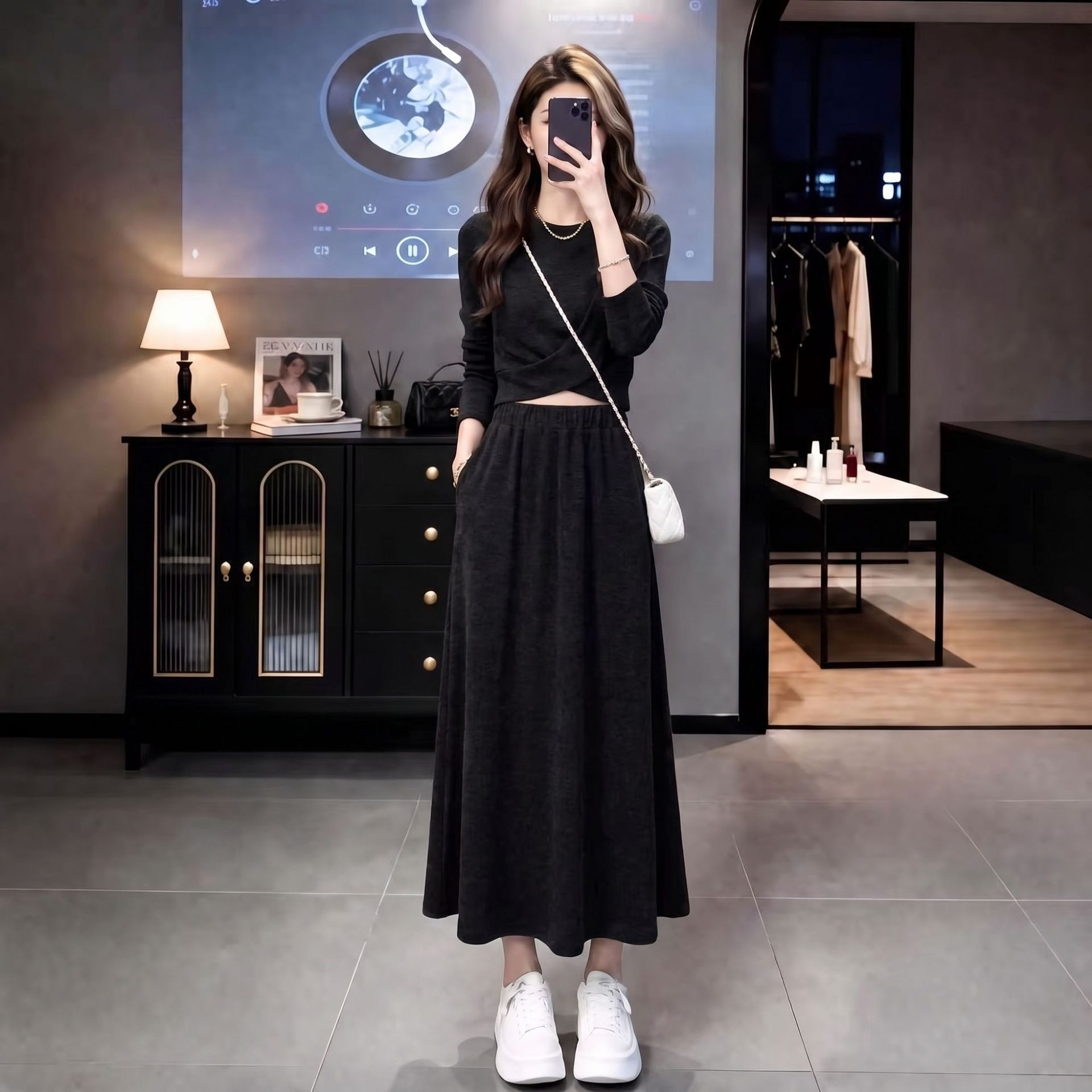 时尚休闲运动套装裙子女2026秋季新款气质深灰色上衣半身裙两件套