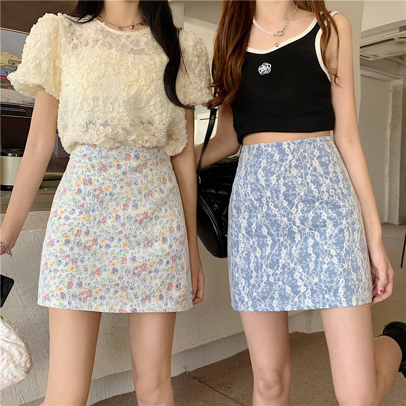 春夏季新款韩版小清新蕾丝碎花半身裙女小个子高腰显瘦短裙子