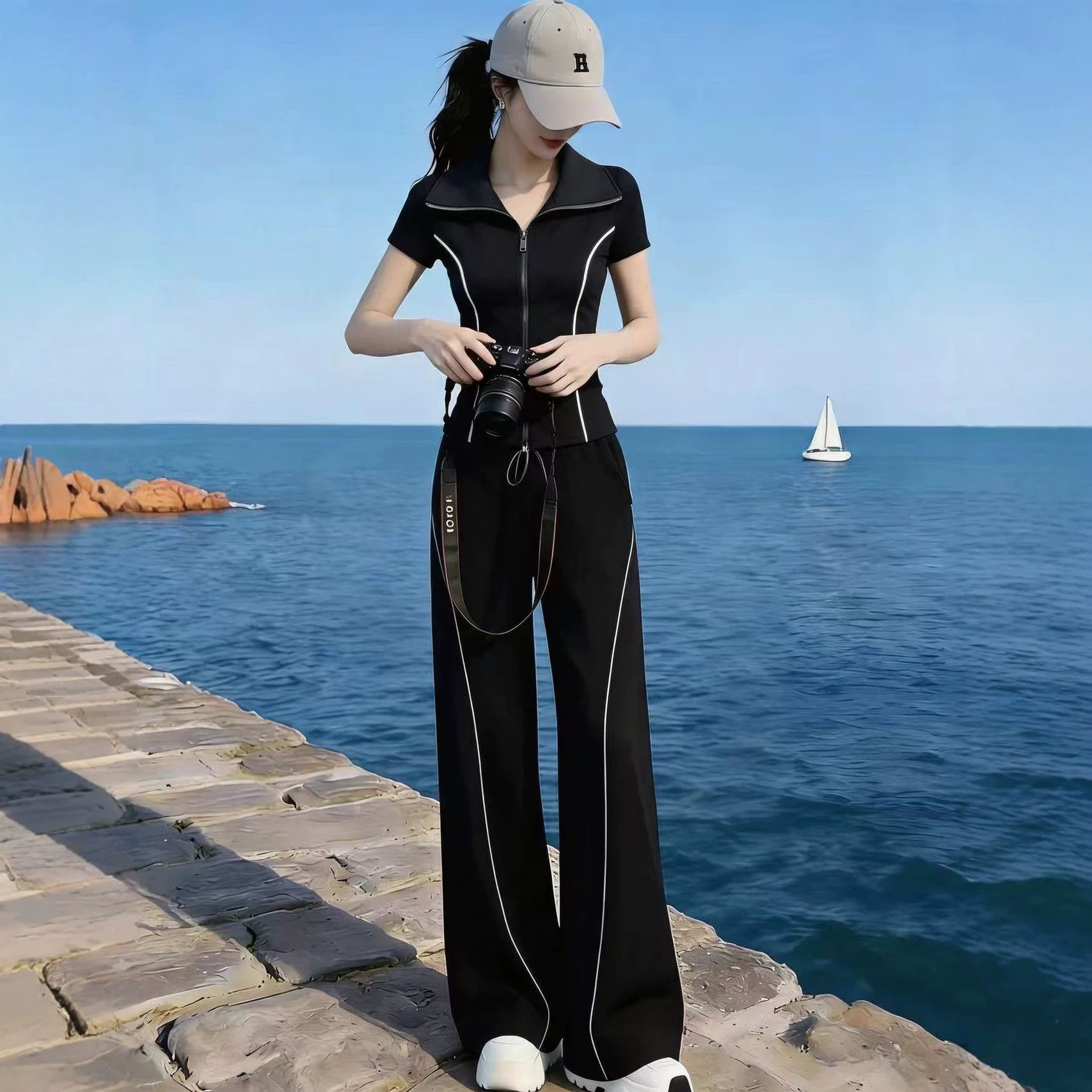 休闲运动服套装女夏季新款时尚气质修身翻领上衣阔腿裤跑步两件套