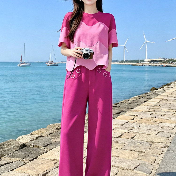 韩版小众拼色短袖休闲运动套装女夏季多巴胺火龙果色阔腿裤两件套