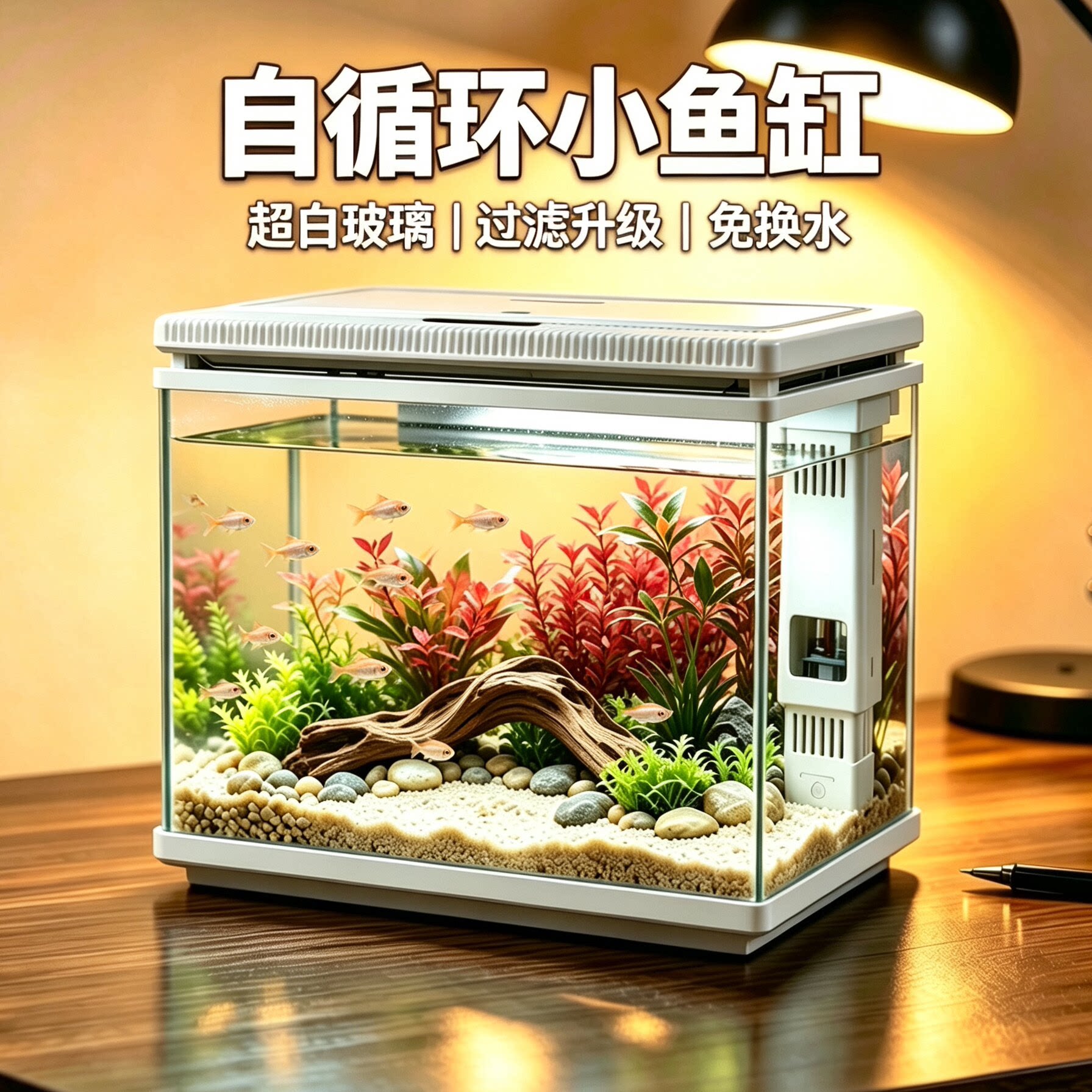 森森超白缸桌面鱼缸免换水客厅家用生态造景小型玻璃缸开箱即用