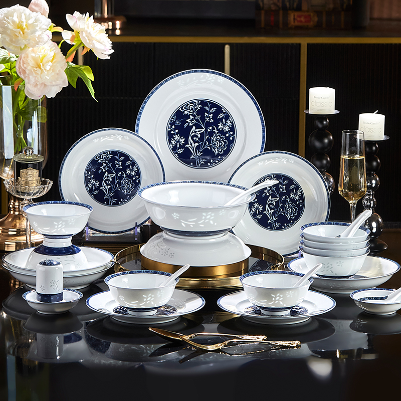 古镇陶瓷 中式青花玲珑餐具套装高温餐具高白瓷碗碟套装礼盒装