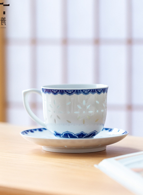 玲珑瓷马克杯咖啡杯碟陶瓷燕麦杯水杯景德镇青花瓷牛奶杯早餐杯