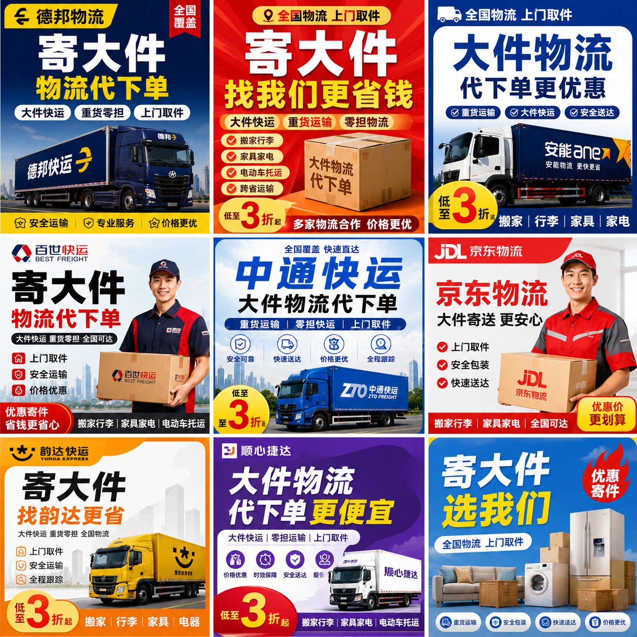 顺丰京东德邦安能跨越中通百世韵达壹米滴答快运折大件物流代下单