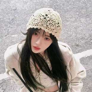 鞠婧祎同款针织镂空包头帽女夏薄款大头围显脸小文艺百搭堆堆帽子