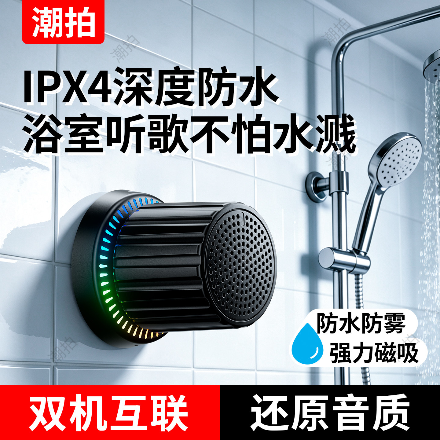 潮拍新款浴室防水音箱磁吸便携式蓝牙小音响家用迷你洗澡高音质