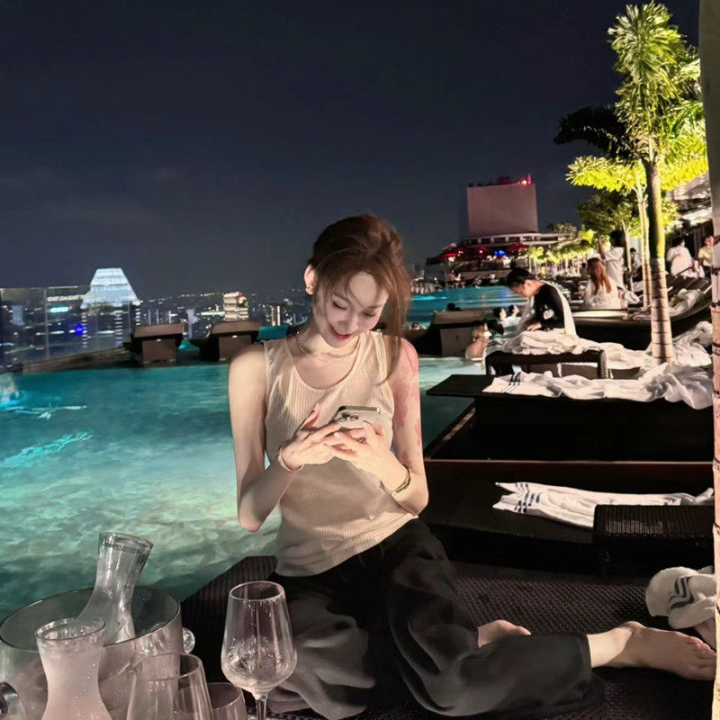 明星网红 同款无袖轻薄字母印花透视背心黑色轮廓阔腿裤休闲套装