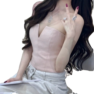 网红明星同款花三三小姐姐 灰白色阔腿直筒裤浅粉色抹胸上衣套装