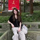 裤 灰色直筒欧美嘻哈工装 黑色深V领落肩宽松T 网红女神花珊珊同款