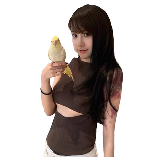 花珊珊同款 纯欲镂空心机装设深咖啡色 气质无袖U领露肩背心上衣