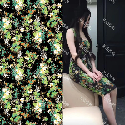 是恩呢同款 绿色系印花设计师款复古着无袖背心马甲修身连衣裙