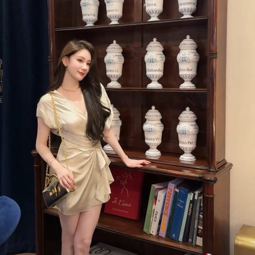 网红女神花三三同款  香槟金色不对称立体褶皱装饰包臀连衣裙