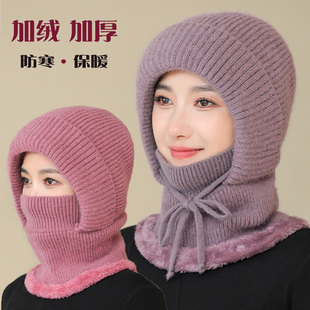 帽子女冬连体帽中老年人妈妈加绒厚毛线帽奶奶骑车保暖防风帽围脖