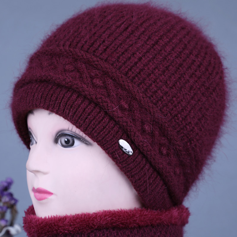 中老年人帽子女奶奶秋冬季兔毛线针织保暖妈妈加绒厚老太太套头帽