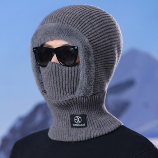冬天帽子男加绒保暖帽针织毛线帽一体骑车防寒棉帽护耳连体套头帽