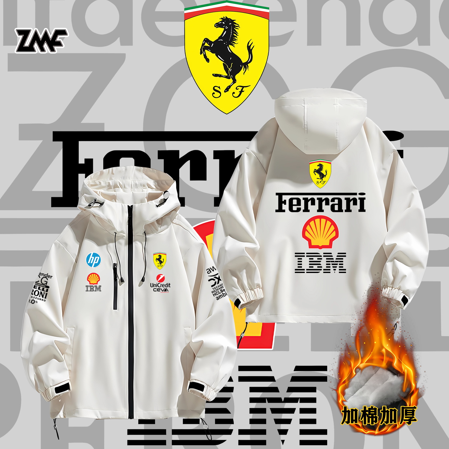 勒克莱尔f1赛车服周边法拉利连帽夹克男装加棉加厚冬男外套冲锋衣