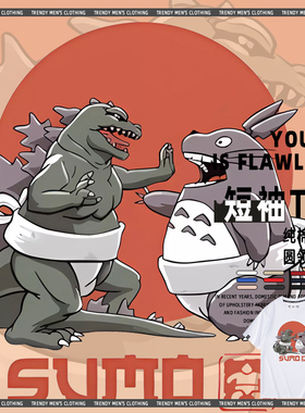 日系浮世绘龙猫哥斯拉相扑卡通周边联名宽松休闲短袖纯棉T恤男女