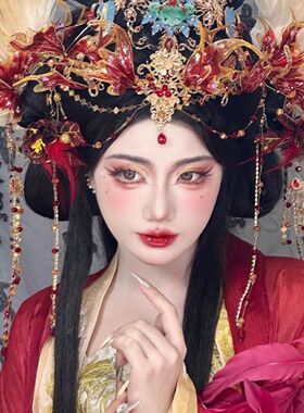 古风超仙美人鱼渐变红色发冠耳挂
