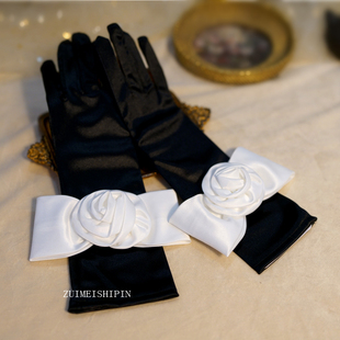 感婚礼布艺配饰 新娘饰品黑色长手套白玫瑰蝴蝶结分指气质结婚仪式