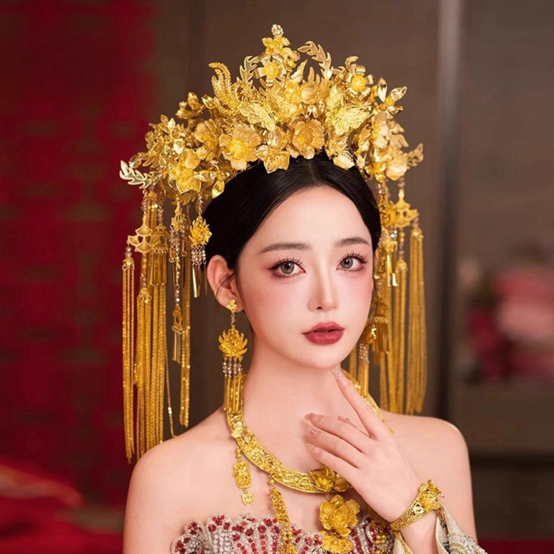 金色奢华花朵新娘大凤冠中式汉服婚礼秀禾旗袍敬酒服龙凤褂头冠