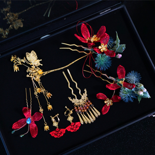 新中式新娘发饰红色花朵蝴蝶流苏头饰秀禾婚礼七件套金色