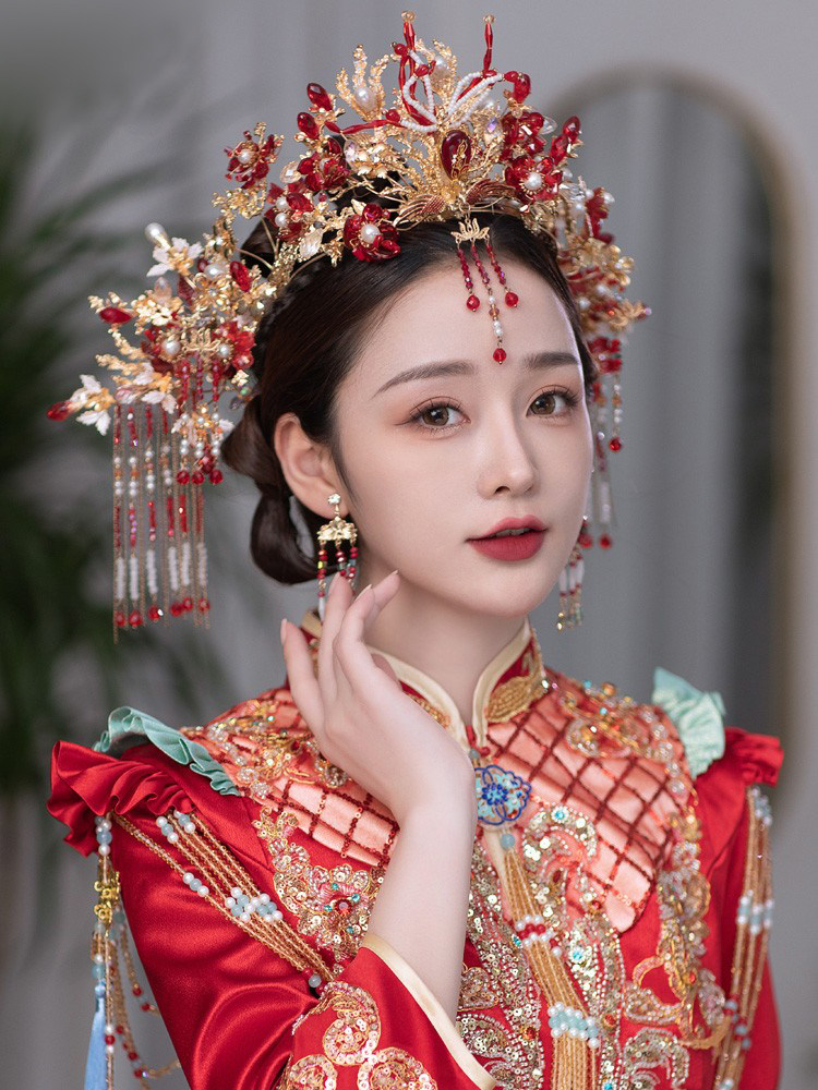 新款中式奢华红金色新娘结婚头饰秀禾服龙凤褂婚礼发饰品后压额饰