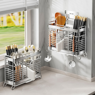 筷子收纳盒筷子筒壁挂式厨房家用高档新款筷笼篓不锈钢勺子沥水架