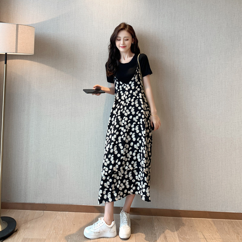 小雏菊吊带连衣裙女夏泫雅风碎花裙两件套气质a字裙子遮肉T恤套装