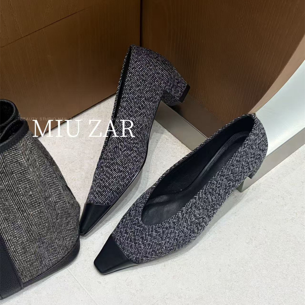 妙莎MIUZAR女鞋2026秋季新款布拼牛皮瓢鞋小方头粗跟高跟鞋单鞋