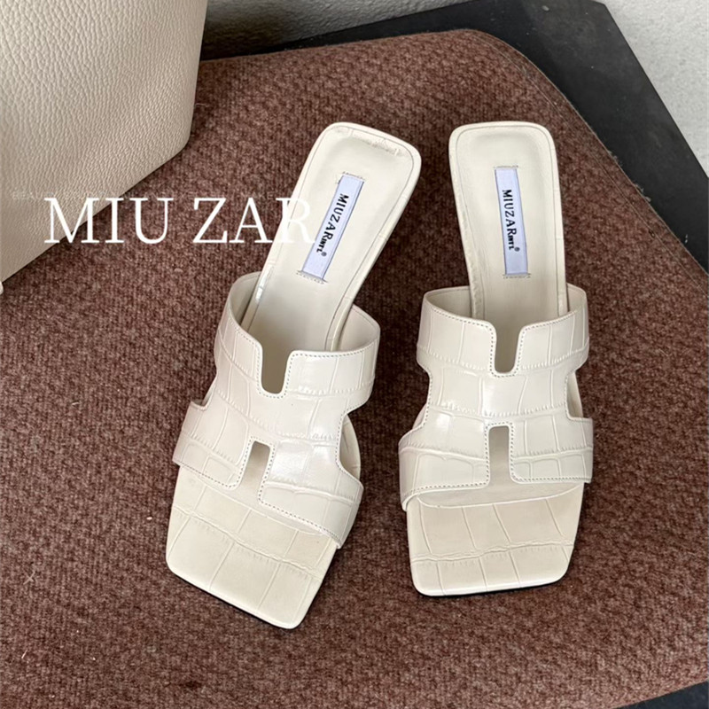 妙莎MIUZAR女鞋2026夏季新款中跟凉拖露趾方头工字高跟拖鞋百搭