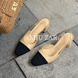 妙莎MIUZAR女鞋2026夏季新款撞色真皮凉鞋粗跟高跟鞋单鞋女人味