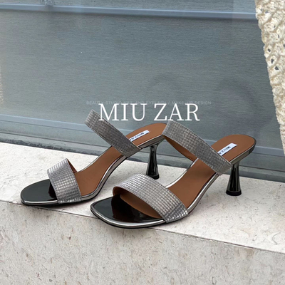 妙莎MIUZAR女鞋2026夏季新款一字带凉鞋露趾高跟鞋闪闪bling凉拖
