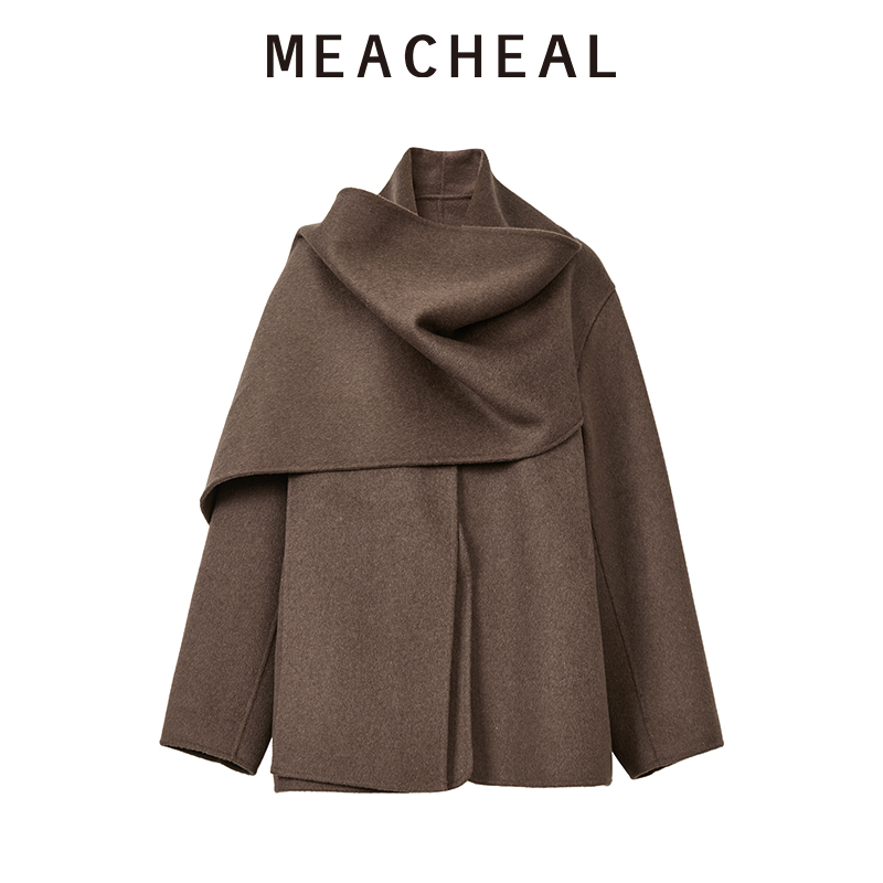 MEACHEAL2025冬季新款设计感斗篷披肩绵羊毛大衣咖色外套