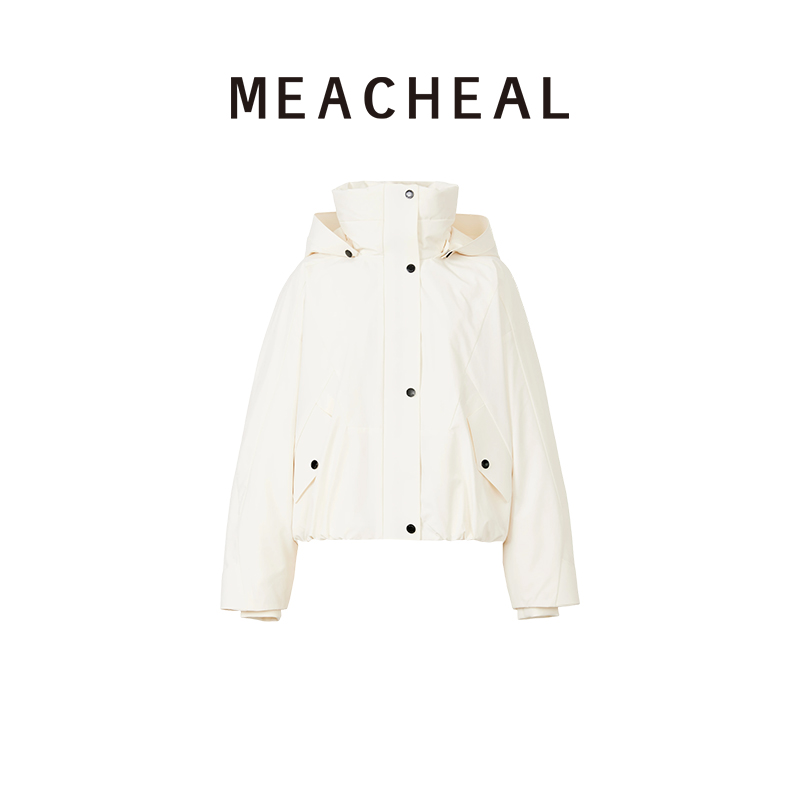 MEACHEAL 2025冬季新款短款90鹅绒服连帽米白保暖纯色羽绒服外套