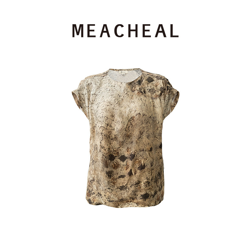 MEACHEAL米茜尔夏季新款复古晕染峰林驳影印花短袖T恤上衣图片