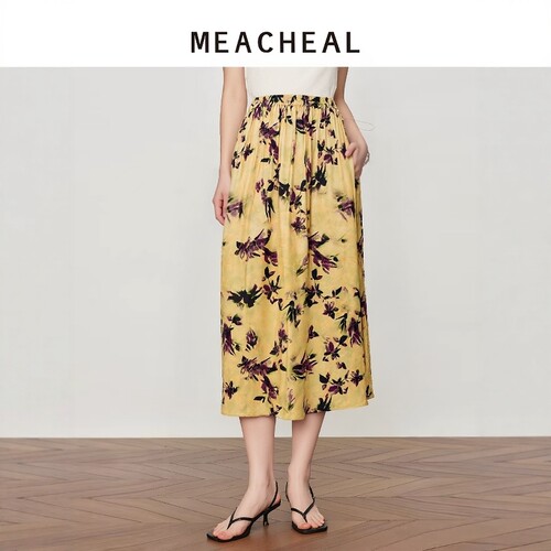 MEACHEAL米茜尔夏季新款复古琥珀花影松紧高腰宽松遮胯半身裙