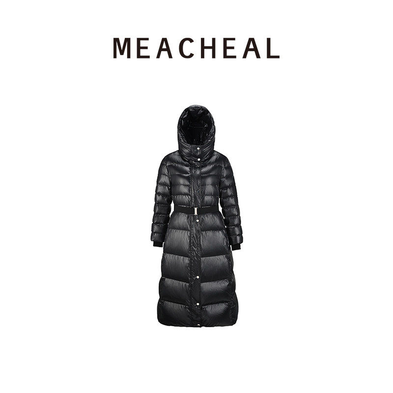MEACHEAL米茜尔2025冬季新款黑色亮面收腰过膝长款连帽羽绒服,女装/女士精品,羽绒服,淘宝优惠券,粉丝福利购,淘宝优惠卷