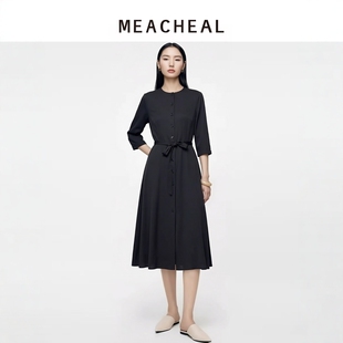 MEACHEAL米茜尔夏季新款黑色系带收腰连衣裙桑蚕丝气质通勤中长裙