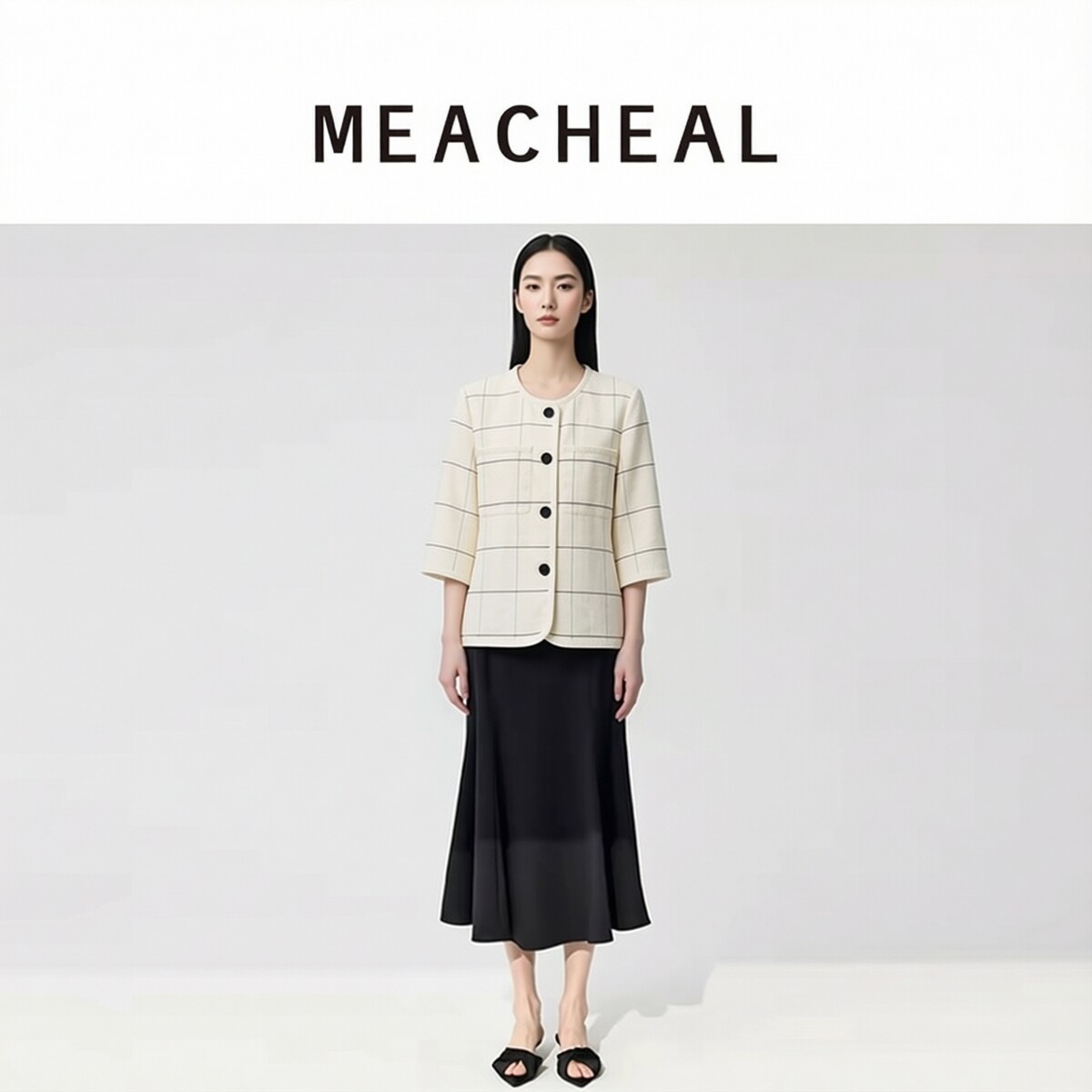 MEACHEAL米茜尔2026秋季新款小香风亚麻混纺薄款格纹开衫短外套图片