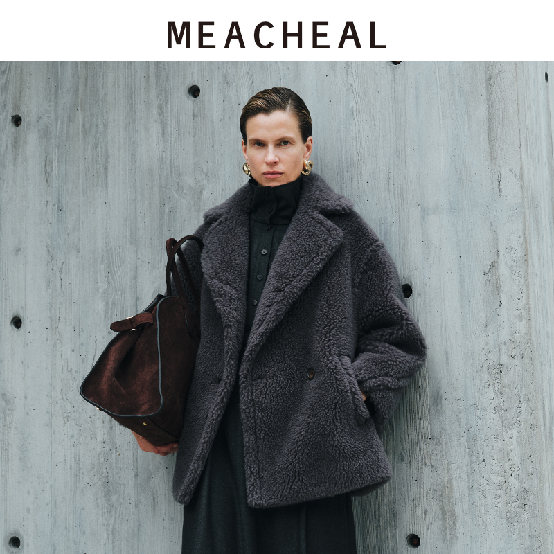MEACHEAL米茜尔2025冬季新款青岩灰泰迪短款绵羊毛大衣外套