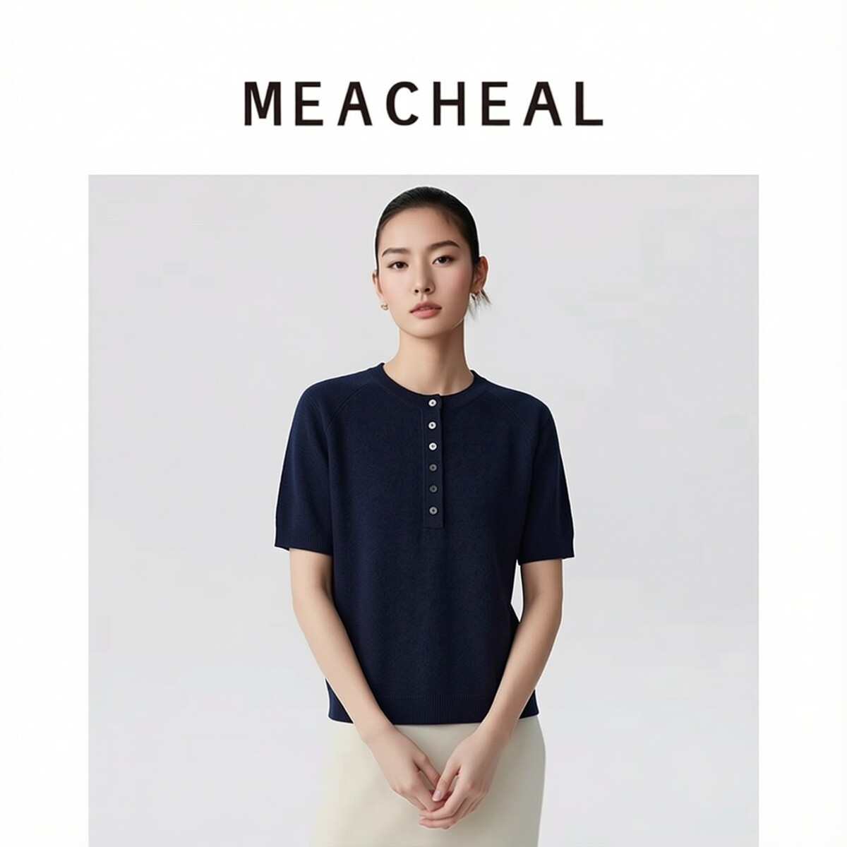 MEACHEAL米茜尔秋季新款暮蓝色绵羊毛山羊绒针织半袖打底上衣图片