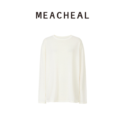 MEACHEAL2025冬季新款100%绵羊毛圆领宽松百搭白色长袖打底衫T恤