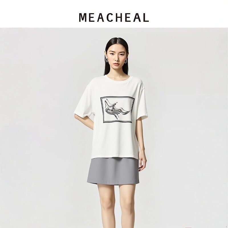 MEACHEAL米茜尔夏季新款星辰轨迹印花短袖T恤宽松白色圆领上衣图片