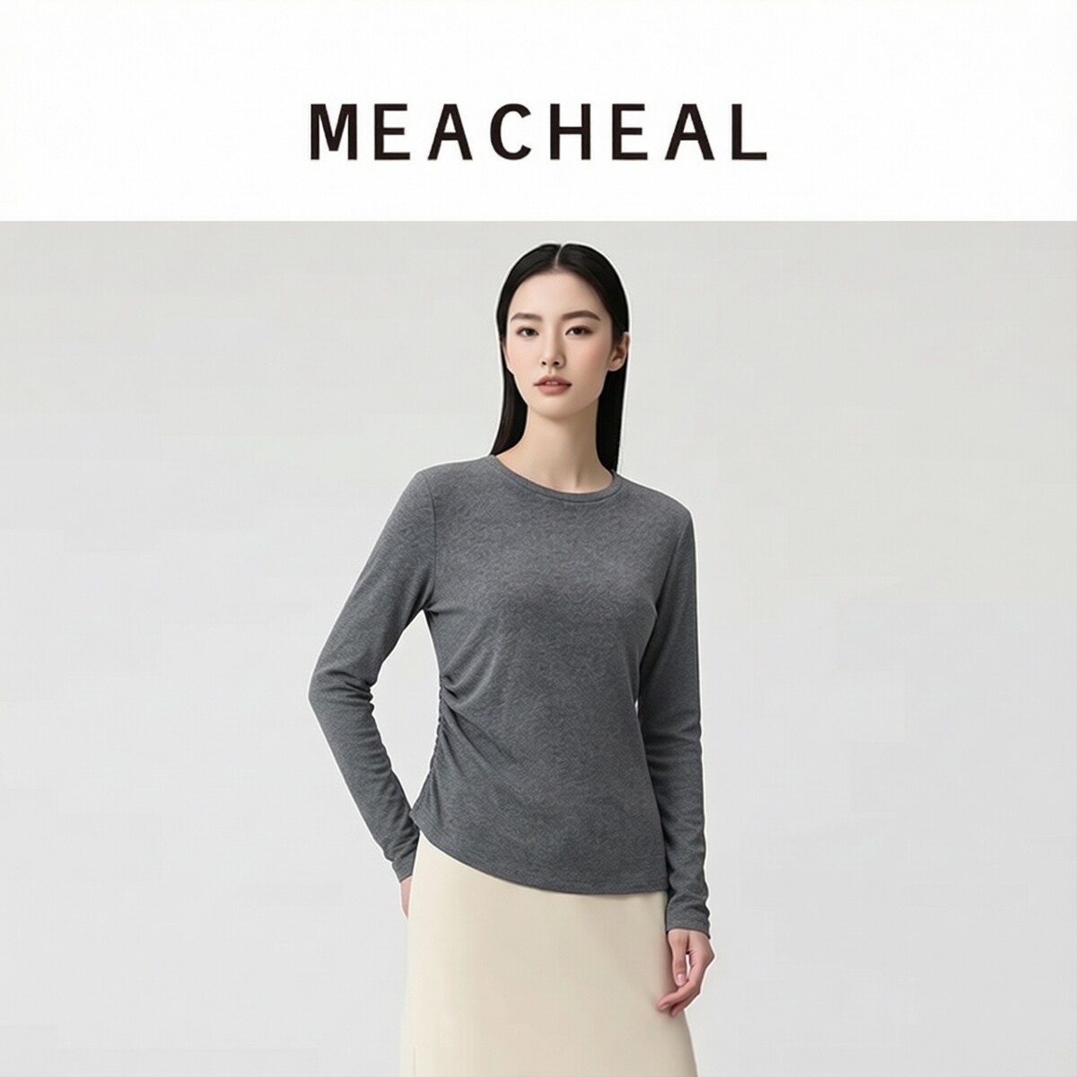 MEACHEAL米茜尔秋季新款设计感岩灰色圆领修身显瘦T恤打底上衣图片