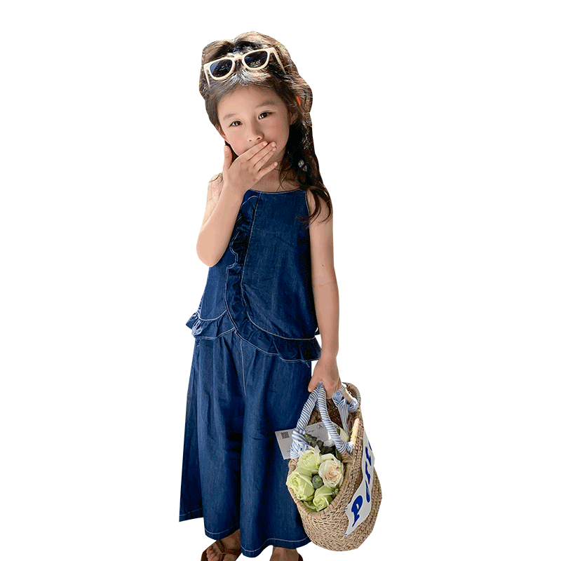 女童夏装洋气牛仔吊带套装2025新款中小儿童宝宝韩版阔腿裤两件套