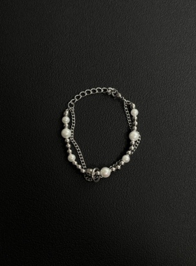 小心袖口 Vintage中古珍珠拼接金属手链原创小众朋克男女手饰配饰