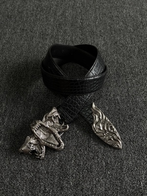 小心袖口「三兽骨骼」Vintage中古鳄鱼纹金属扣腰带压纹朋克皮带