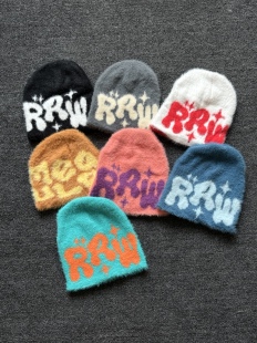 小心袖口 美式复古原创设计涂鸦毛绒保暖针织无檐便帽豆豆帽冷帽