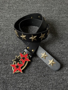 小心袖 Vintage中古朋克铆钉古铜星星皮带小众y2k黑红撞色腰带 口