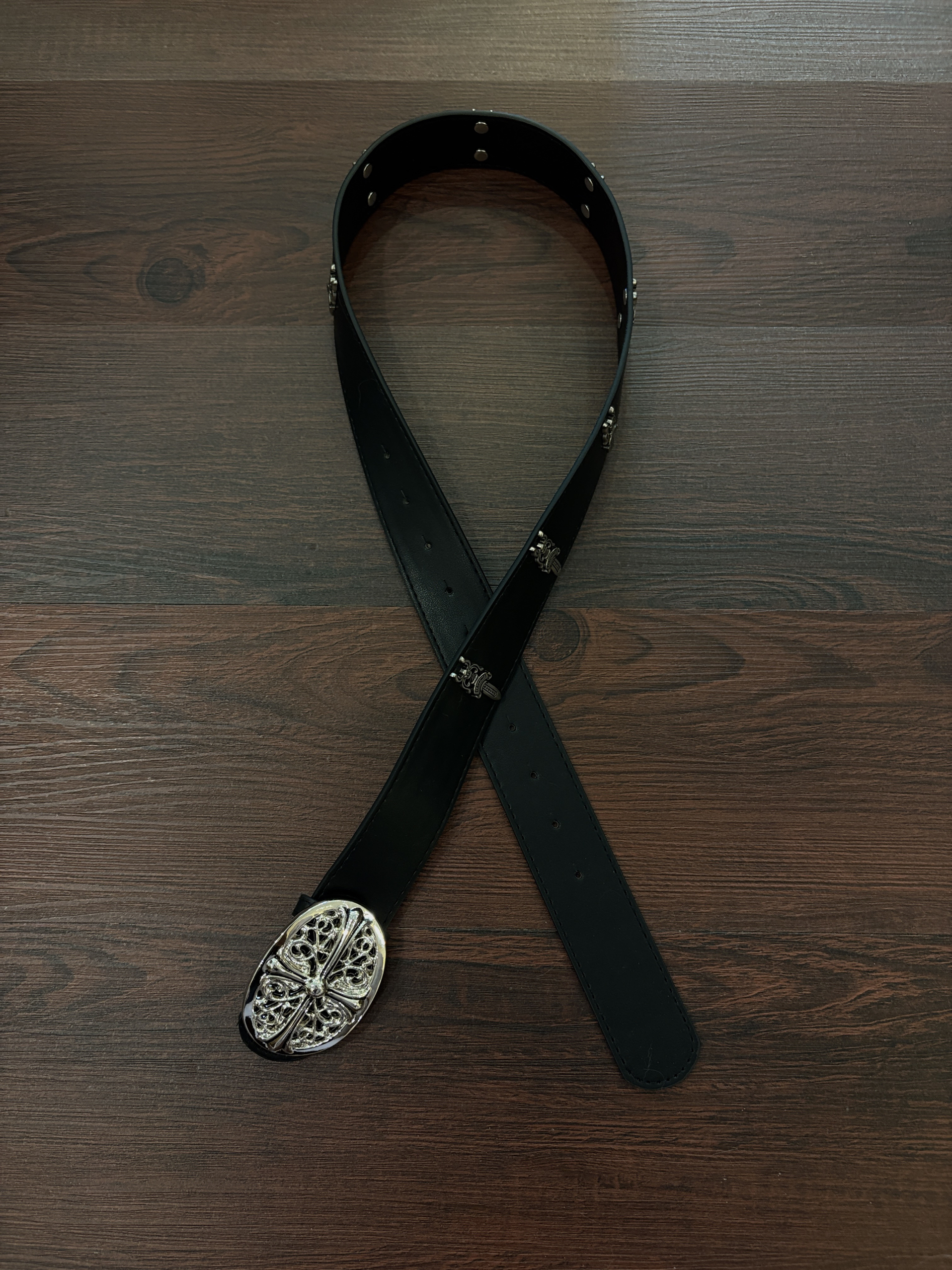 小心袖口 中古Vintage复古CH风格十字花圆盘皮带朋克摇滚小众腰带